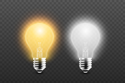 Vector 3d Realistic Yellow and White Glowing, Turned Off Electric Light Bulb Icon Set Isolated on Transparent Background. Design Template. Inspiration, Idea concept. Front View.