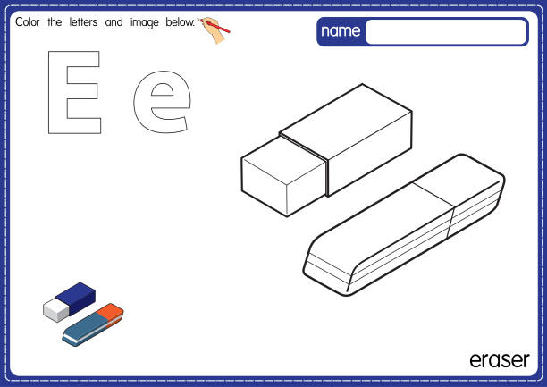 illustrations, cliparts, dessins animés et icônes de illustration vectorielle de la page du livre de coloriage de l’alphabet des enfants avec une image clipart esquissée à colorier. lettre e pour eraser. - professeur(e)