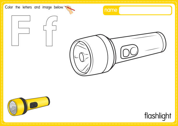 векторная иллюстрация детской раскраски алфавита с очерченным картинками в цвет. буква f для фонарика. - letter f flash stock illustrations