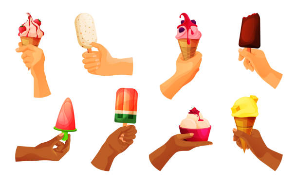 Ice cream or ice pops, icon set Ice cream or ice pops, icon set. Hand holds sweet frozen treat, soft scoop of ice cream, fruity frozen juice, on a stick with chocolate glazing, balls in waffle cone with jam. Refreshing dairy product mango jam stock illustrations