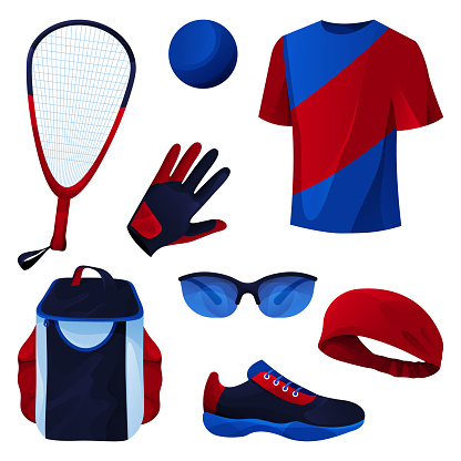 Racquetball game equipment, sport tools set. Vector flat icons of racquet and rubber ball, shirt, glove, eyeglasses, shoe, backpack and headband. Active racquet sport, game accessories.