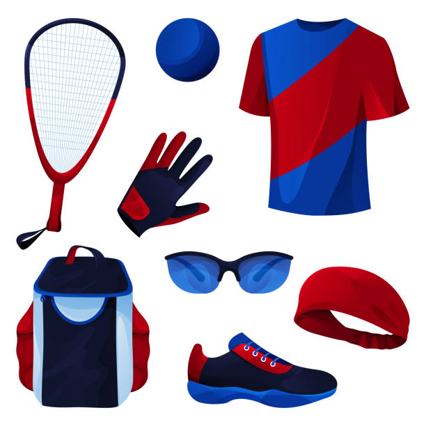 Racquetball game, sport tools set, vector icons Racquetball game equipment, sport tools set. Vector flat icons of racquet and rubber ball, shirt, glove, eyeglasses, shoe, backpack and headband. Active racquet sport, game accessories. racketball stock illustrations