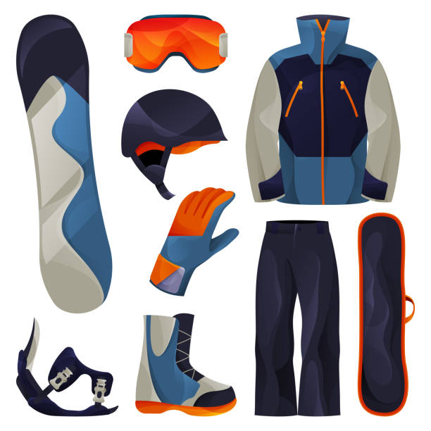 ilustrações de stock, clip art, desenhos animados e ícones de snowboarding sport tools set, vector flat icons - snowboard boot