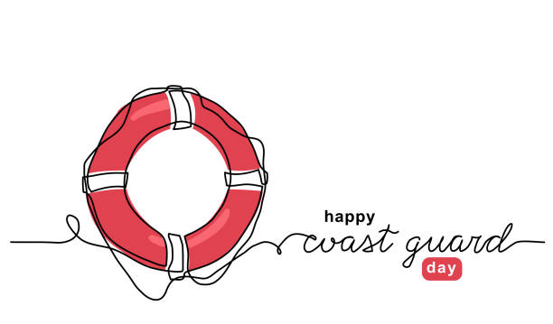 czerwony lifebuoy jednej linii ilustracji sztuki. tło wektorowe dnia straży przybrzeżnej, baner, plakat z napisem straży przybrzeżnej - nautical vessel buoy symbol computer icon stock illustrations