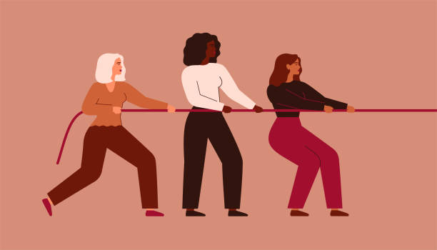silne kobiety szarpną wojnę. dziewczyny wspierają się nawzajem i ciągną linę razem. praca zespołowa i koncepcja ruchu inicjacji kobiet. - pulling stock illustrations