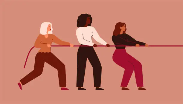 Vector illustration of Strong women tug of war. Girls support each other and pull the rope together. Teamwork and female's empowerment movement concept.