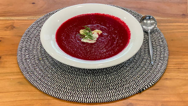 istock Hot beetroot soup with horseradish and dill served with sour cream 1328319802