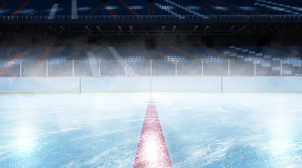 Blank ice skates background mockup, side view, 3d rendering. Arena surface for professional hockey or skate mock up. Scratched skating-rink or stadium space backdrop template.