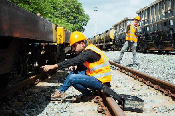 istock asian Inspector Engineering wearing helmet and vest worker unifrom checking railway construction work on rail track. 1328323372
