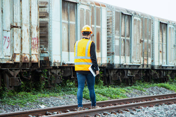 istock asian Inspector Engineering wearing helmet and vest worker unifrom checking railway construction work on rail track. 1328323624