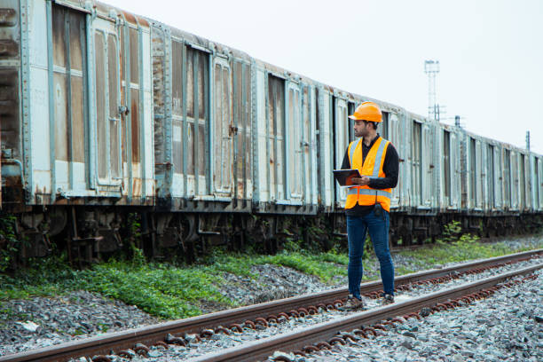 istock asian Inspector Engineering wearing helmet and vest worker unifrom checking railway construction work on rail track. 1328323712