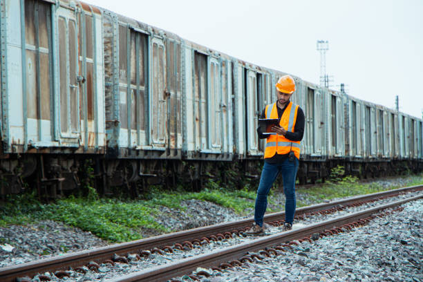 istock asian Inspector Engineering wearing helmet and vest worker unifrom checking railway construction work on rail track. 1328323736