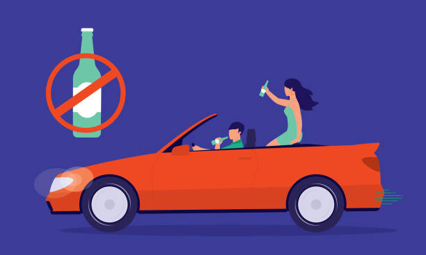 Young Man Drinking Beer While Driving A Woman. Don't Drink And Drive Awareness. No Alcohol Drink Sign. Young Man With Cabriolet Car Drinking Beer While Driving A Woman After A Party Night. Full Length, Isolated On Blue Background. Vector, Illustration, Flat Design, Character. woman driving car night stock illustrations