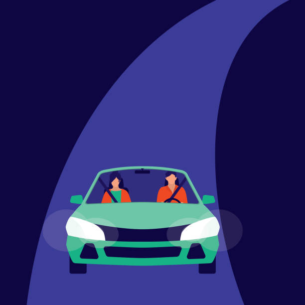 Young Man Driving With A Woman On A Quiet Road At Night. Young Couple With Seat Belt Sitting Inside A City Car. Full Length, Isolated On Blue Background. Vector, Illustration, Flat Design, Character. woman driving car night stock illustrations