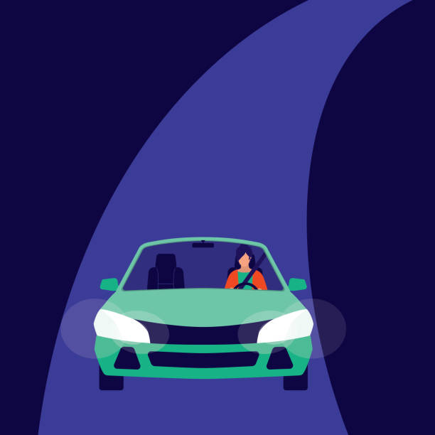 Young Woman Driving Car Alone On A Quiet Road At Night. Young Woman With Seat Belt Sitting Inside A City Car. Full Length, Isolated On Blue Background. Vector, Illustration, Flat Design, Character. woman driving car night stock illustrations
