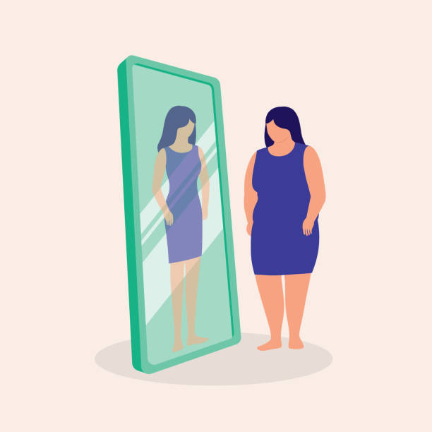 Young Fat Woman Imagine Having Her Slim Body Over The Reflection In The Mirror. Body Conscious. Body Image. Negative Self-Image. Sad Young Chubby Woman In Tight Dress Standing In Front Of The Mirror. Full Length, Isolated On Plain Color Background. Vector, Illustration, Flat Design, Character. full length illustrations stock illustrations