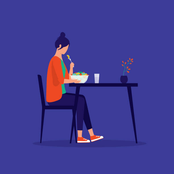 ilustrações de stock, clip art, desenhos animados e ícones de young woman eating fresh salad. healthy eating. - dining table table cartoon dining