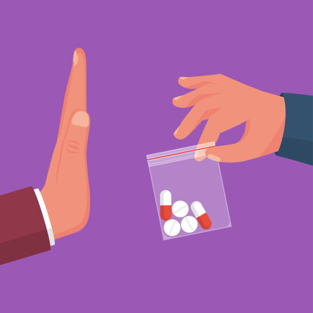NO Drugs. People with a gesture refuse forbidden medication vector NO Drugs. People with a gesture refuse forbidden medication. Dealer holds a package with drug pills in his hands. Vector illustration flat design. Awareness of people. Vector illustration flat design. giving medication stock illustrations