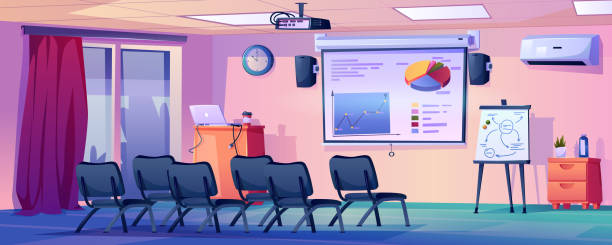 Contemporary interior of classroom or meeting room. Modern university or conference hall. Auditorium with whiteboard, projector and chairs. Empty space with furniture. Flat cartoon style vector Contemporary interior of classroom or meeting room. Modern university or conference hall. Auditorium with whiteboard, projector and chairs. Empty space with furniture. Flat cartoon style vector lecture hall illustrations stock illustrations