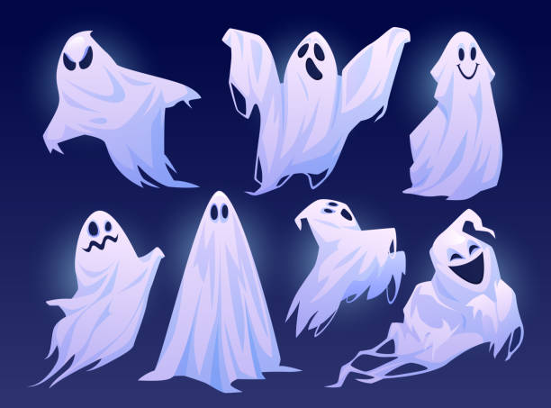 ilustrações de stock, clip art, desenhos animados e ícones de good and evil ghosts of halloween, isolated set of personages in costumes. floating apparitions with facial expression of sadness, joy and anger. spooky monsters. flat cartoon character vector - ghost