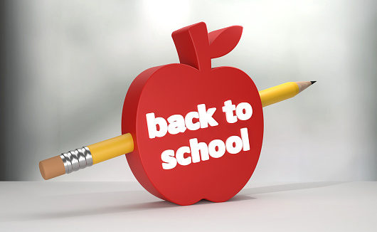 Back to school concept. Apple shape and pencil on gray background