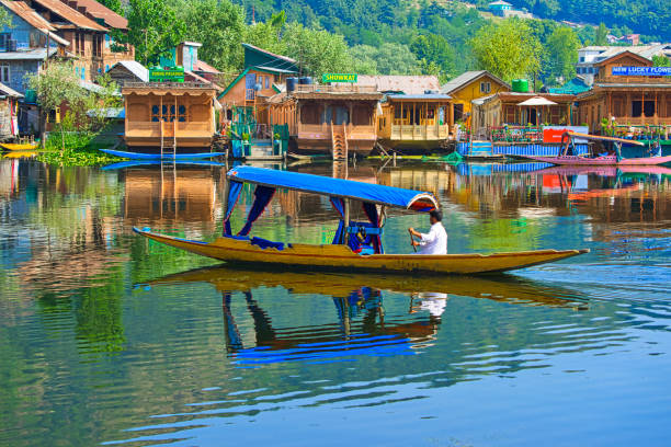 Various scenes of Dal Lake, India. Srinagar, India 07 - July, 2018 : Lifestyle in Dal lake, local man use shikara boat, In the background are some boathouses. This is the local transportation in the lake of Srinagar. Jammu and Kashmir state, India jammu and kashmir photos stock pictures, royalty-free photos & images