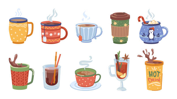 bildbanksillustrationer, clip art samt tecknat material och ikoner med beverages and hot drinks for winter, christmas set of cups with coffee, tea and cocoa with marshmallows. melted chocolate and aromatic mulled wine, warm cappuccino. vector in flat cartoon style - glögg