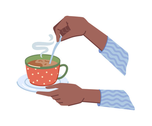 ilustrações de stock, clip art, desenhos animados e ícones de coffee or hot chocolate drink poured in cup and served with saucer and spoon. isolated hands holding mug of tea, cappuccino or latte with steam. cafe or restaurant. vector in flat cartoon style - hot chocolate hot drink heat drinking