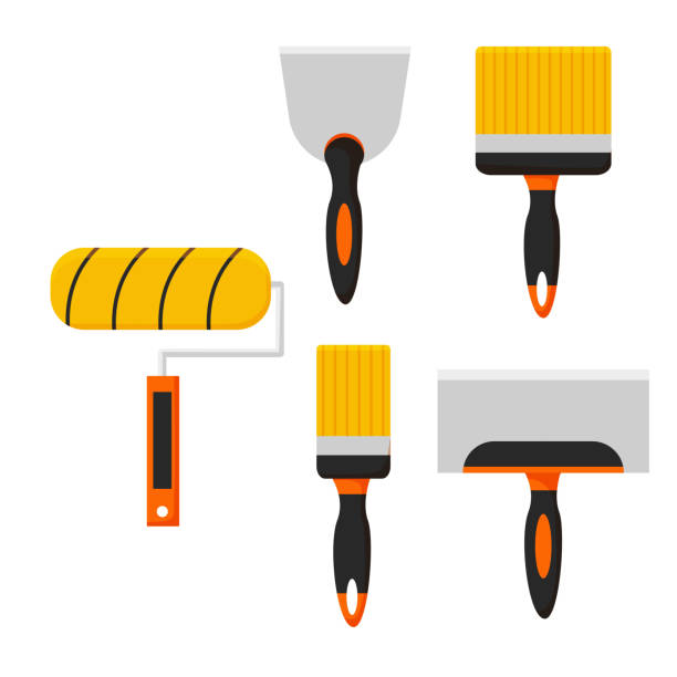 Home renovation tool kit. Brushes and spatulas for painting walls at home. Vector illustration in flat, cartoon style. Home renovation tool kit. Brushes and spatulas for painting walls at home. Vector illustration in flat, cartoon style putty stock illustrations
