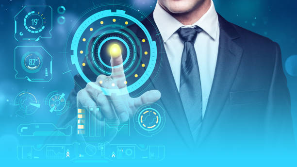 istock Connection between people. Hand presses abstract button stock photo 1328334419