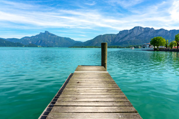 istock Mondsee with mountains vier from a wooden rustic dock pier 1328334493