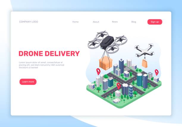 Drone delivery. Drones delivering packages to customers. Delivery service concept with flying quadcopters and city map vector landing page Drone delivery. Drones delivering packages to customers. Delivery service concept with flying quadcopters and city map vector landing page. Smart futuristic shipping service with parcels high angle view illustrations stock illustrations