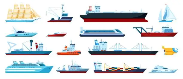 Vector illustration of Flat sea transports. Speed boats, yachts, cruise, fishing ships, submarine. Cargo ship with shipping containers. Maritime transport vector set