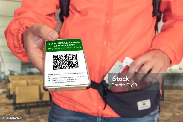 Hand Holding Smartphone Display On App Mobile Vaccinated Covid19 Or Covipass Certificate Immunity Vaccine Passport At Airport Check In Desk Man Shows An Electronic Vaccination Certificate Stock Photo - Download Image Now