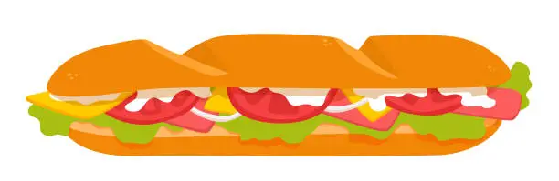 Vector illustration of A whole long submarine sandwich. Delicious fresh sub, hoagie with ham.