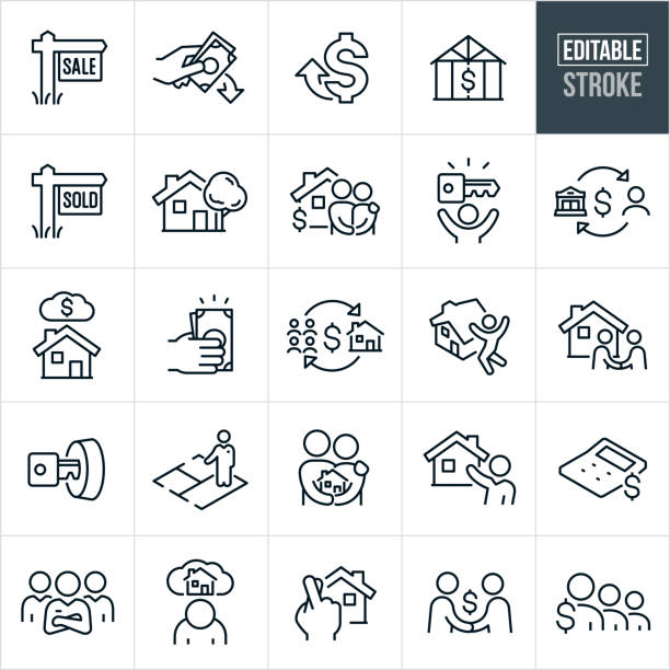 Home Real Estate Thin Line Icons - Editable Stroke A set of home real estate icons that include editable strokes or outlines using the EPS vector file. The icons include home buying, home real estate, for sale sign, sold sign, real estate sign, cost, rising prices, expensive real estate, unaffordable housing, home buyers, new home, home purchase, home mortgage, person with house key, mortgage lending, home debt, cash, real estate agent, handshake, house key, floor plan, couple buying new home, house tour, calculator, real estate agents, house debt, fingers crossed and other related icons. houses for sale stock illustrations