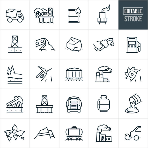 Fossil Fuels Thin Line Icons - Editable Stroke A set of fossil fuel icons that include editable strokes or outlines using the EPS vector file. The icons include a dump truck full of coal, offshore oil rig, barrel of crude oil, oil refinery, oil rig, coal, coal mining, gas pump, fuel pump, coal mine, oil well, pump jack, energy sources, carbon, natural gas, propane, oil drilling, oil industry, oil field, non-renewable resource, non-renewable energy and other related icons. crude oil stock illustrations