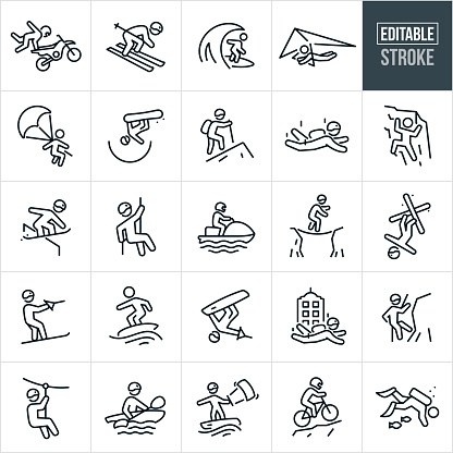 A set of extreme sports icons that include editable strokes or outlines using the EPS vector file. The icons include freestyle motocross, downhill skiing, surfing, hang gliding, parasailing, half-pipe snowboarding, mountaineering, skydiving, rock climbing, free climbing, snowboarding, rappelling, watercraft racing, slack-lining, person walking tight rope, arial skiing, slalom skiing, wake surfing, wake boarding, zip-lining, kayaking, kiteboarding, mountain biking, scuba diving, snowboarder, dirt biker, surfer, hiker, skydiver, rock climber, snow skier, water skier, wakeboarder, kayaker, mountain biker and scuba diver.