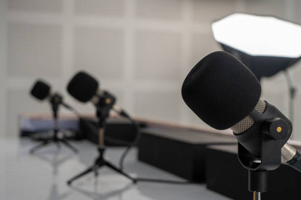 istock microphone is placed on the press conference preparation table.Preparation of the organization team 1328341087