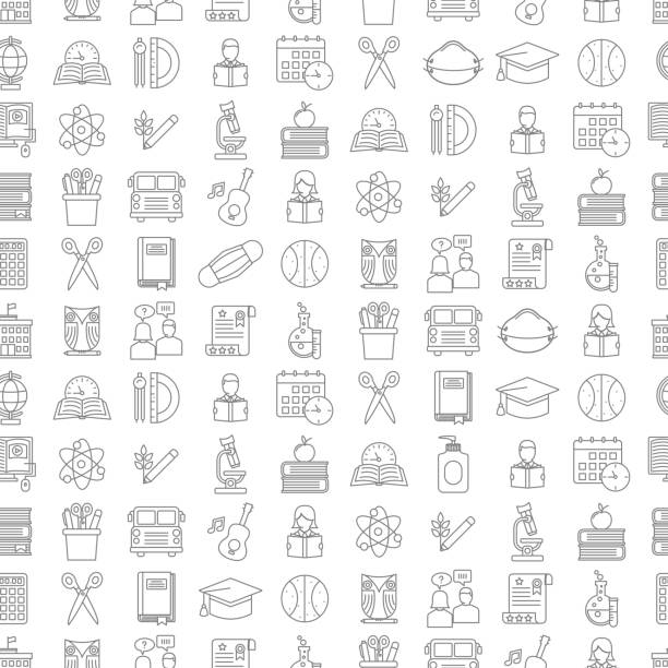 Back To School Seamless Pattern Back To School Supplies background of icons. Lots of elements including books, bus, apple, n95 masks etc. Created in CMYK. Flat colors.  The line weight is editable. clipart of school supplies stock illustrations