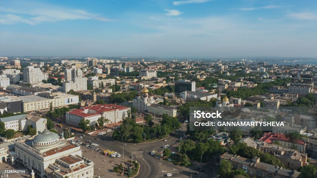 Aerial photography of the old center of a modern European city on a summer day Above Stock Photo