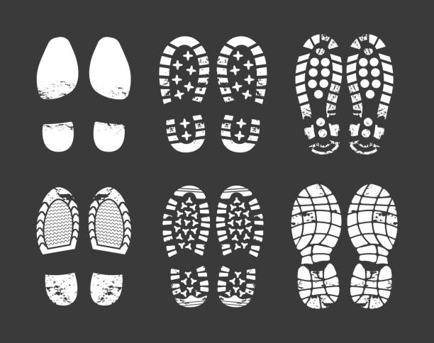 Human footprint. Footwear steps silhouette, shoes, boots, sneakers footstep print of men and women, textured steps. Dirty shoes print, shoes footprints on asphalt and ground, step silhouette Human footprint. Footwear steps silhouette, shoes, boots, sneakers footstep print of men and women, textured steps. Dirty shoes print, shoes footprints on asphalt and ground, step silhouette vector. shoe print stock illustrations