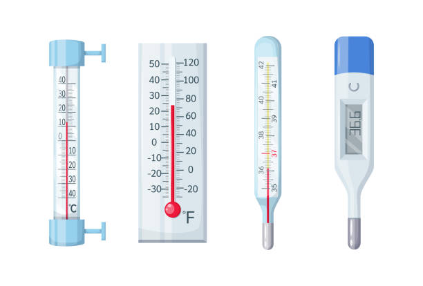 의학 국내 기상 온도계. 온도 측정을 위한 수은 및 전자 온도계. 측정을 위한 온도 척도. 의료 및 의료 장비, 장치 플랫 - backgrounds body care thermometer degree stock illustrations