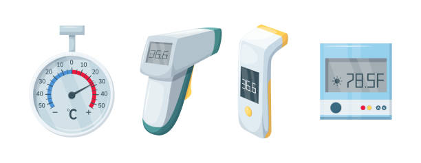 의학 국내 기상 온도계. 온도 측정을 위한 수은 및 전자 온도계. 측정을 위한 온도 척도. 의료 및 의료 장비, 장치 플랫 - backgrounds body care thermometer degree stock illustrations