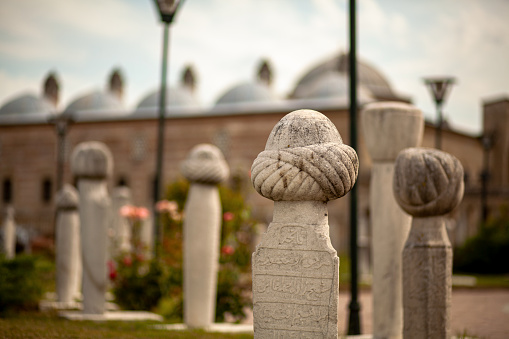 View of the ancient Cemetery in garden of Selimiye Mosque which is in UNESCO World Heritage List. Edirne, Turkey.