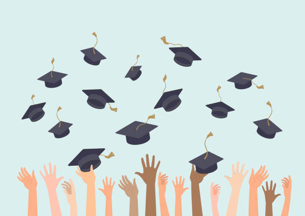 People hands throwing graduation hats in the air. Graduating students. vector art illustration