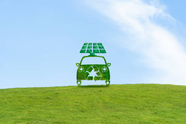 Eco car Green eco-car made up of recycling symbols and a solar panel. climate justice photos stock pictures, royalty-free photos & images