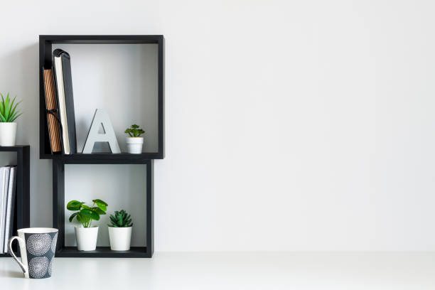 istock Home office. Homework. Black square shelves. Succulents as decoration. White wall copy space. 1328349824