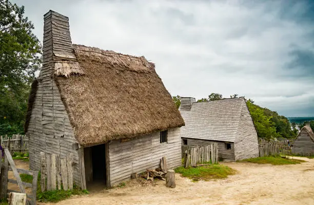 Old buildings in Plymouth plantation at Plymouth, MA. It was the first Pilgrims settlement in north America.