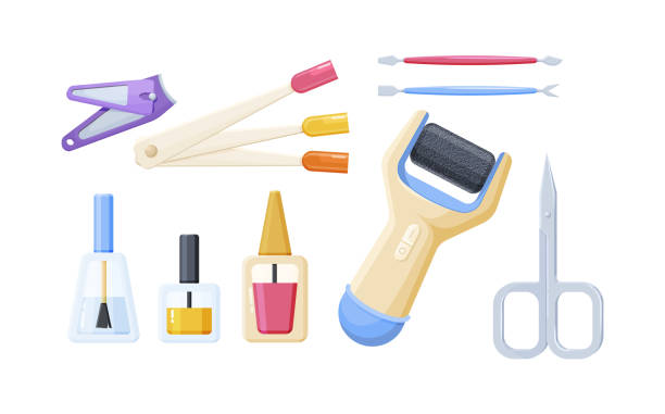 illustrazioni stock, clip art, cartoni animati e icone di tendenza di collezione di manicure, strumenti pedicure e cosmetici. set di attrezzature per la cura delle mani delle gambe delle unghie - manicure make up brush razor beauty